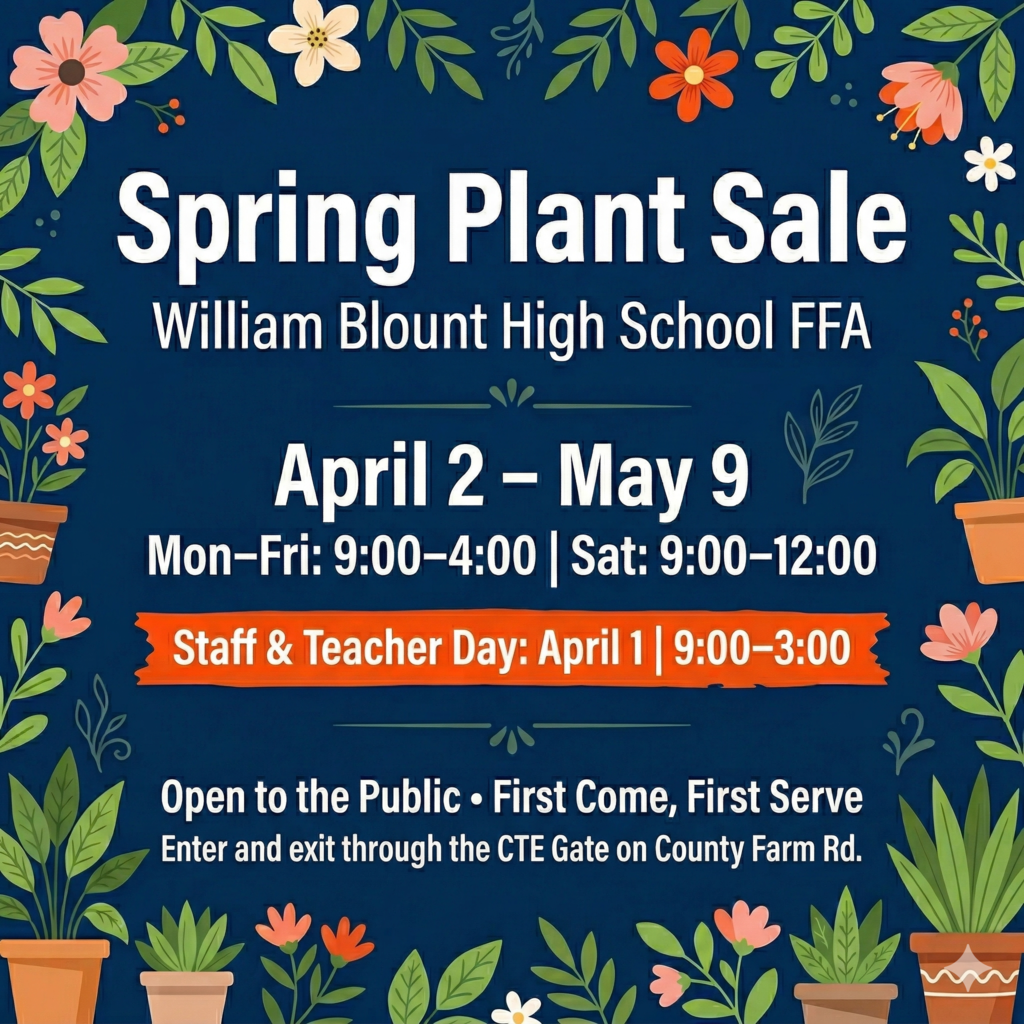 🌸🌱 It’s that time of year, Govs! 🌱🌸 The **WBHS FFA Spring Plant Sale** is almost here, and you don’t want to miss it! 🌼🪴 Whether you’re sprucing up your garden or adding some color to your porch, we’ve got you covered! 📅 **April 2 – May 9** 🕘 **Mon–Fri:** 9:00 AM – 4:00 PM 🕘 **Saturday:** 9:00 AM – 12:00 PM 👩🏫 **Special Preview for Staff & Teachers:** 📅 April 1 | 9:00 AM – 3:00 PM 📍 Open to the public – first come, first serve! ➡️ Enter through the **CTE Gate on County Farm Rd.** Come support our amazing FFA students and grow something great this spring! 🌷💙🧡 #FightOnGovs #BlountCountyStrong
