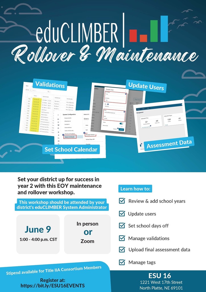 Register today for eduCLIMBER In-Person or Zoom June 9th 9-4 ct Special Services Center North Platte https://bit.ly/ESU16EVENTS