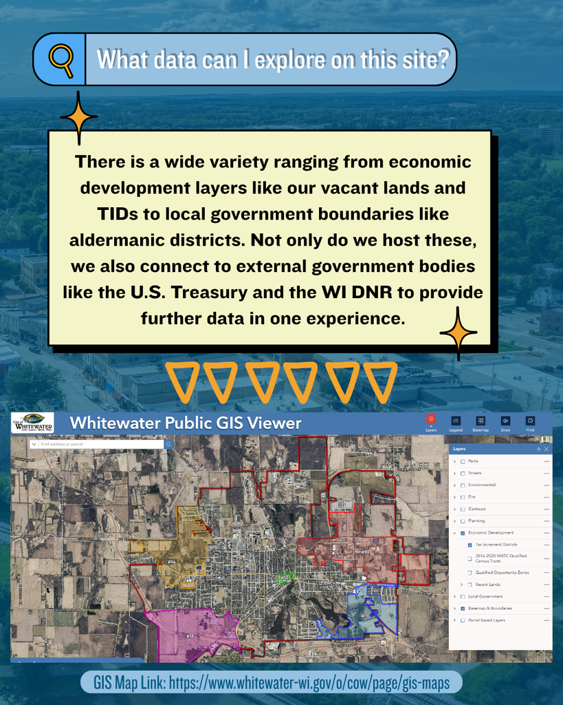 Post reads this: "There is a wide variety ranging from economic development layers like our vacant lands and TIDs to local government boundaries like aldermanic districts. Not only do we host these, we also connect to external government bodies like the U.S. Treasury and the WI DNR to provide further data in one experience."