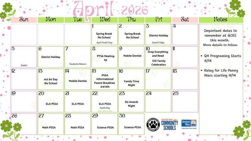 April calendar that shows events at Grover Cleveland Elementary happening during April. 