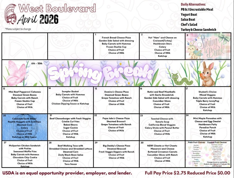 West Lunch Menu for April