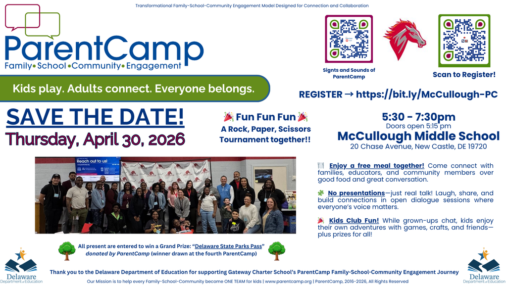 A flyer for ParentCamp on April 30, 2026. It highlights a time of 7:30pm at McCullough Middle School.
