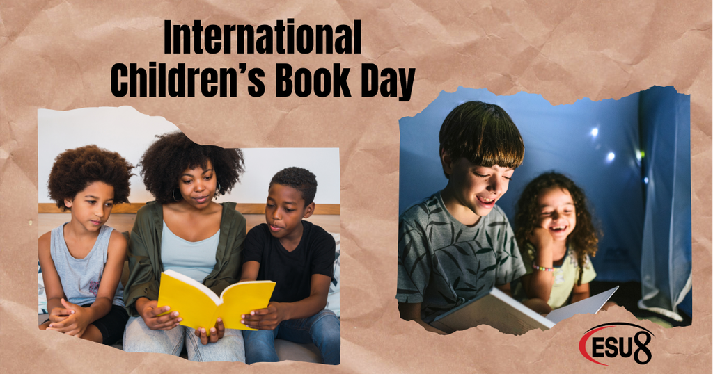 photo of a woman reading to two children from a book with the heading "International Children's Book Day"