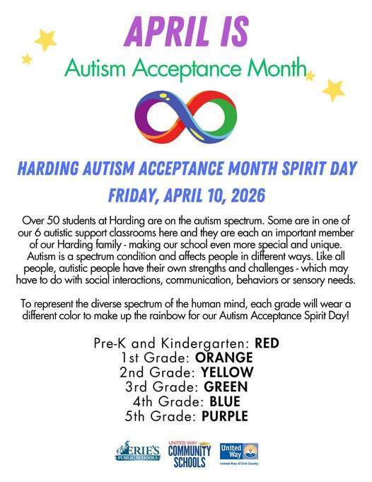 April is Autism Acceptance Month Flyer for Harding Elementary School. 