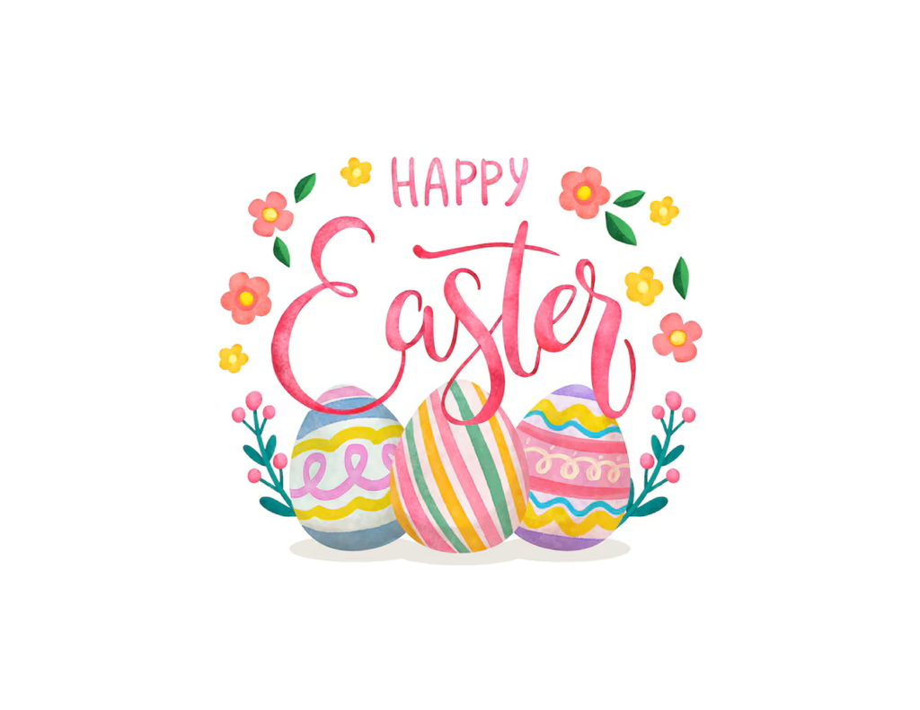 Happy Easter text with colorful eggs and flowers