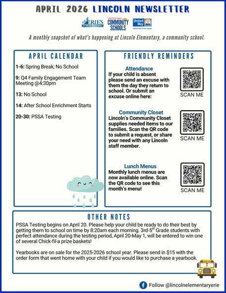 April 2026 Lincoln Newsletter with important dates and reminders. 