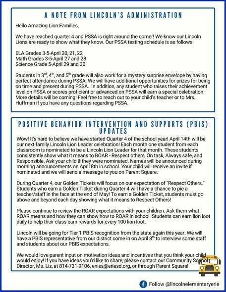 April 2026 Lincoln Newsletter with a note from the administration and PBIS updates. 