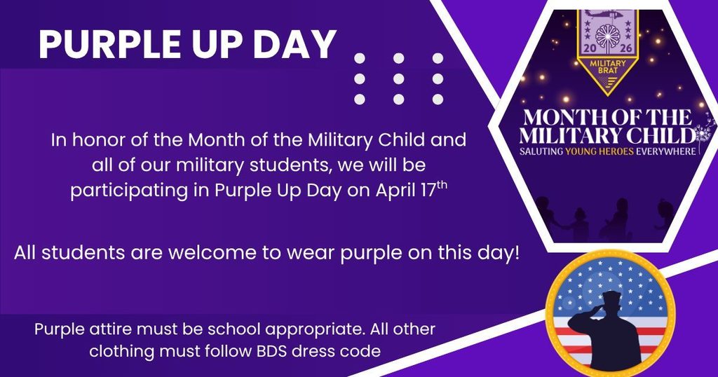Flyer advertising Purple Up day where students are encouraged to wear purple in honor of military students on April 17th. 