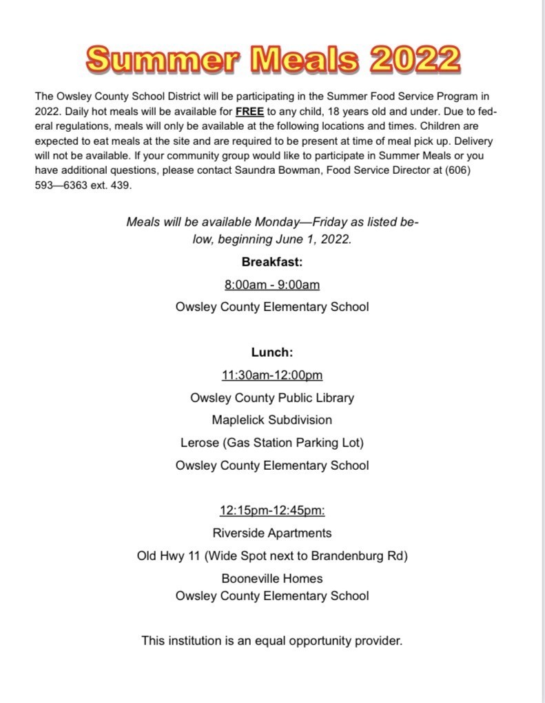 Summer Meal Location Calendar