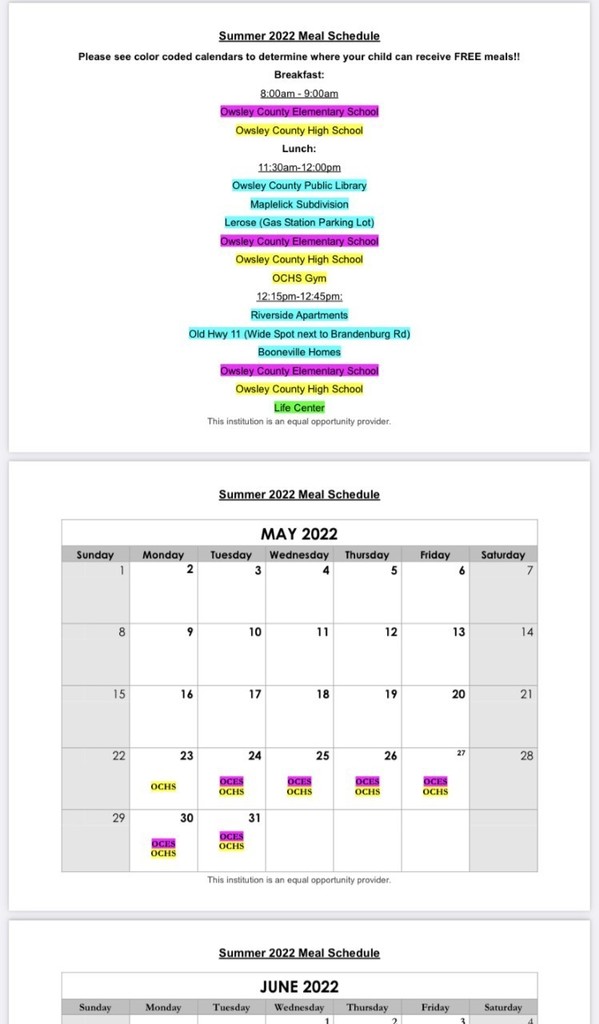 Summer Meal Location Calendar