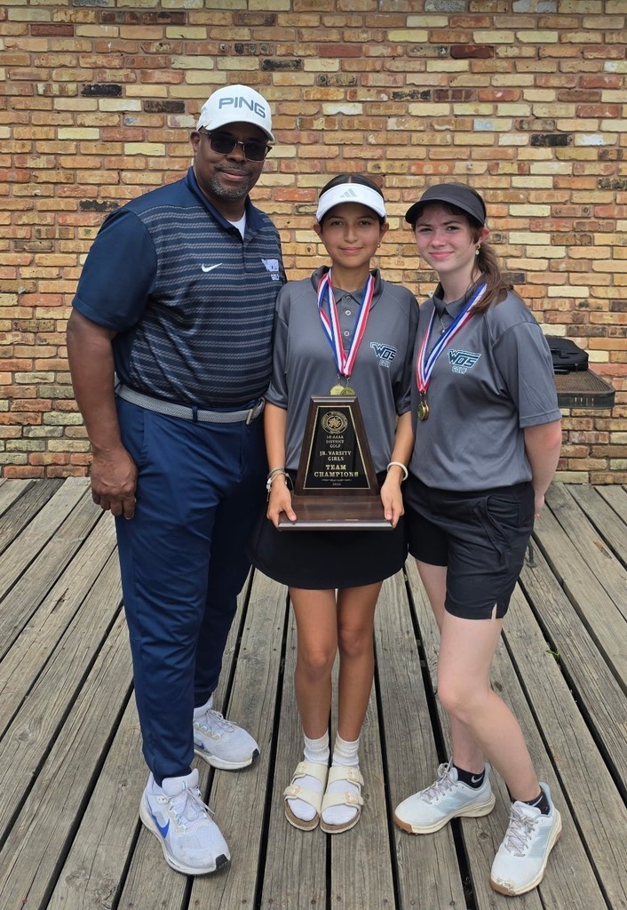 WOS JV Golf Team and coach holding fist place trophy