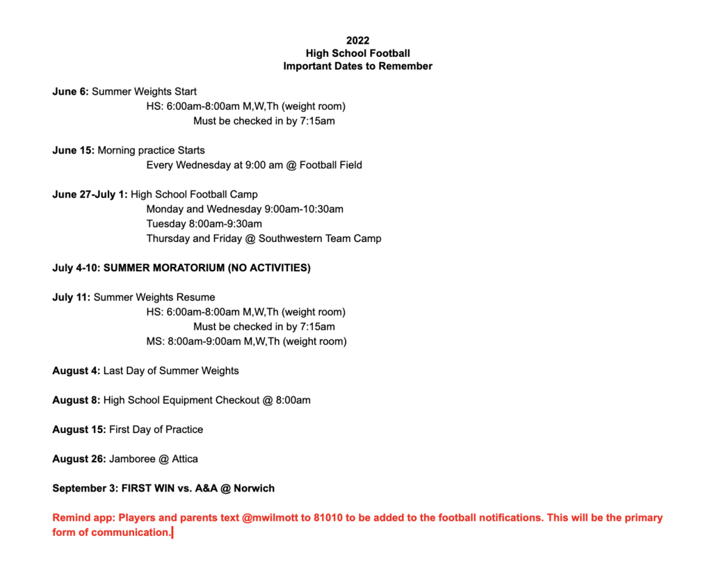 2022 HS FB Important Dates