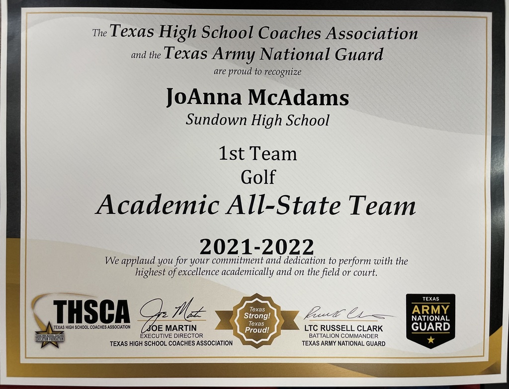 THSCA Certificate - All State Golf - JoAnna McAdams