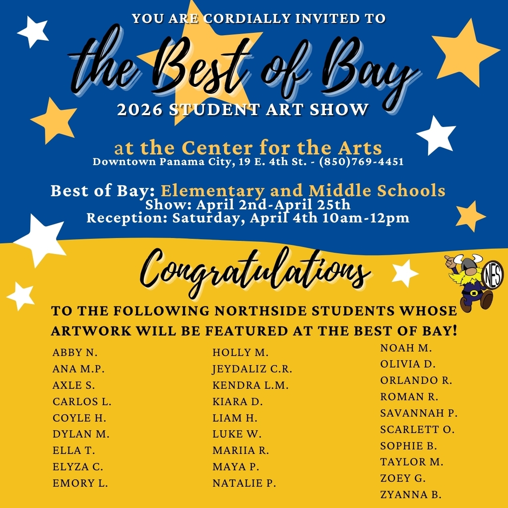 blue and yellow background with list of student names and invitation to the art show