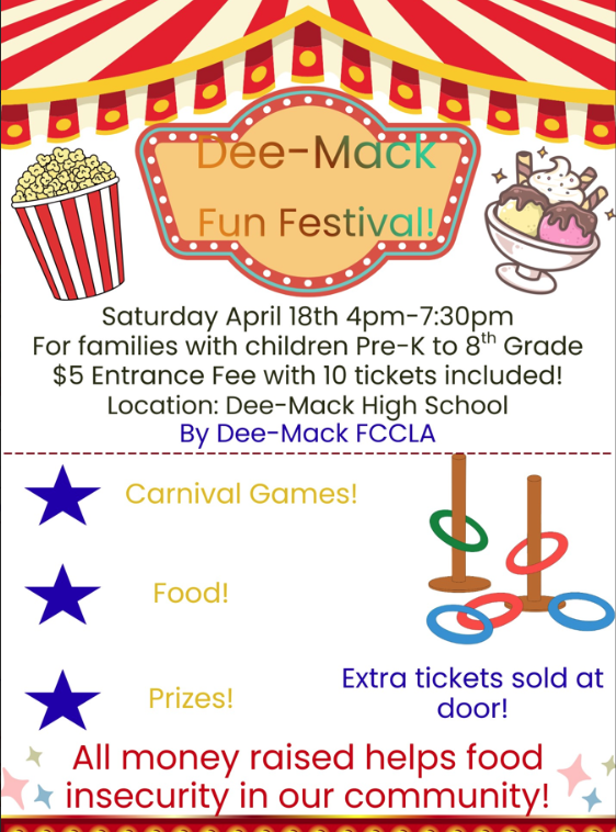 Dee-Mack Fun Festival Flyer, $5 entrance fee, carnival games, food, prizes.