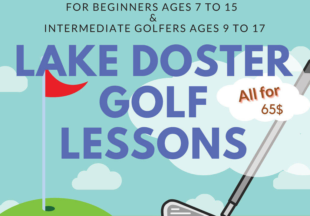 Lake Doster Golf Lessons Graphic with golf club, green and tee with for beginners ages 7 to 15 and intermediate golfers 9 to 17 written