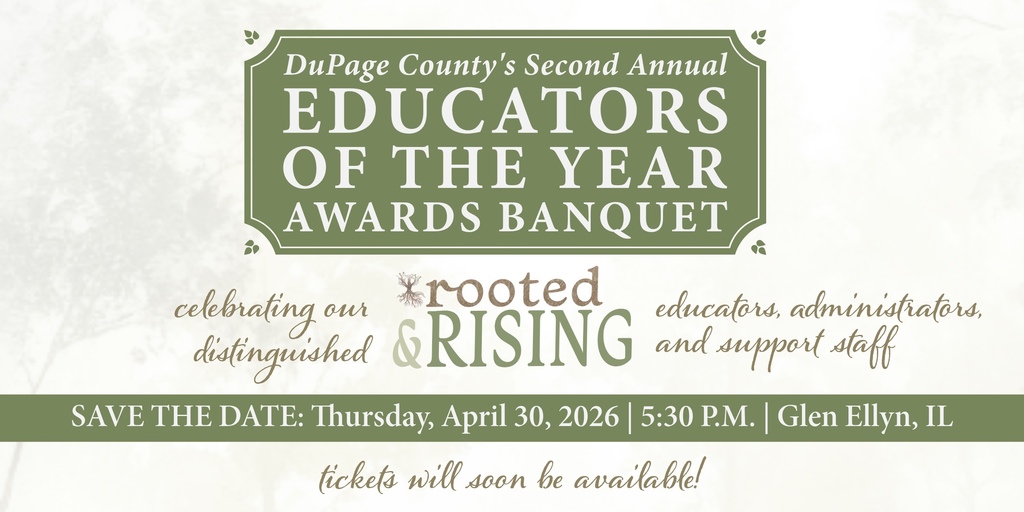 Save the Date card for the Educators of the Year banquet on April 30 in Glen Ellyn