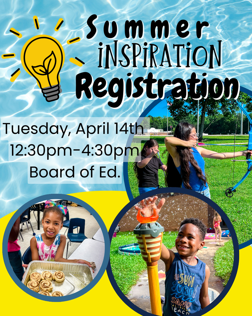 Bright poster with blue and yellow background. Text reads "Summer Inspiration Registration." Images include children with bows, food, and a water fountain.