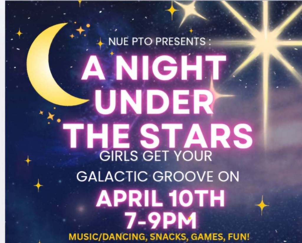 Event poster with a crescent moon, stars, and a starburst. Bold text reads "A Night Under the Stars." Details include date, time, and activities.