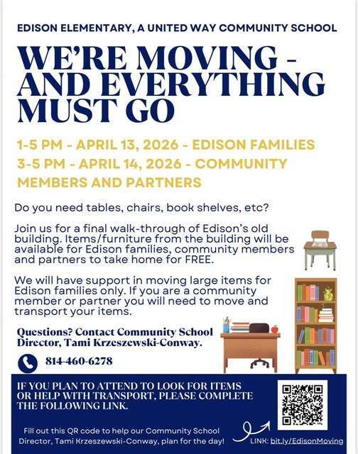 On April 13th and 14th everyone is welcome to join us for a final walk-through of Edison's old building and take items/ and furniture from the old building. 