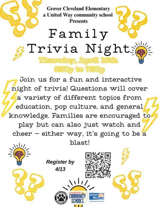 Family Trivia Night on April 16th Flyer. 