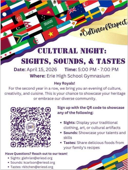 Cultural Night: Sights, Sounds, and Tastes on April 15th flyer. 
