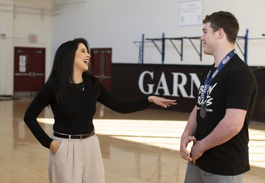 CBS3 anchor, Jen Carabeo, laughs as she interviews Paxton Hunt.