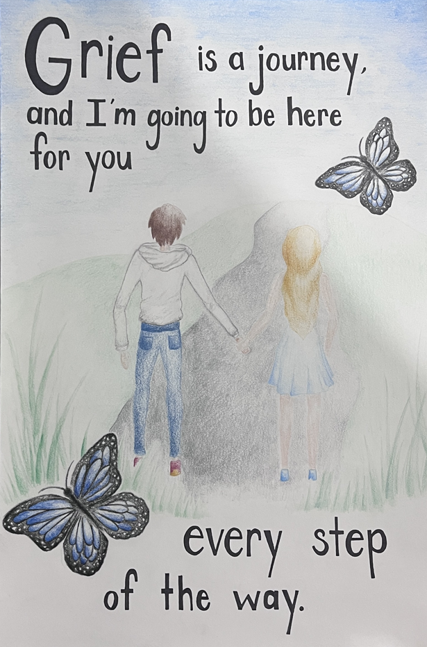 Art work by a Collegiate Academy student that shows two people holding hands and traveling a path towards healing.