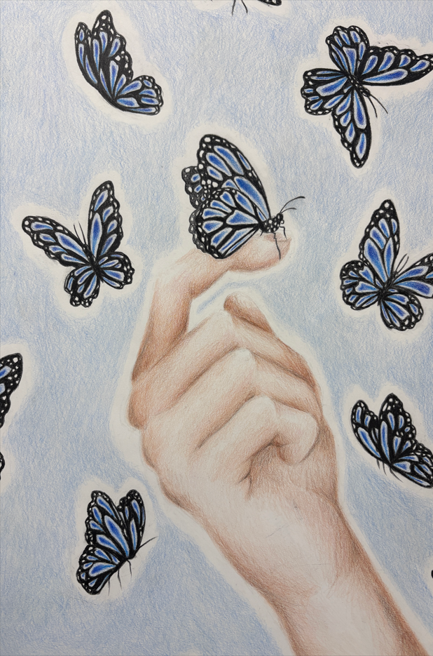 Art work by a Collegiate Academy student that shows a hand and butterflies around it.