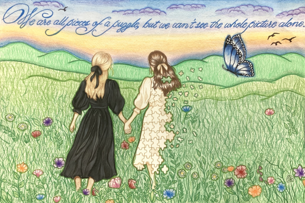 Art work by a Collegiate Academy student that shows two young ladies in a field and one is in puzzle pieces. 