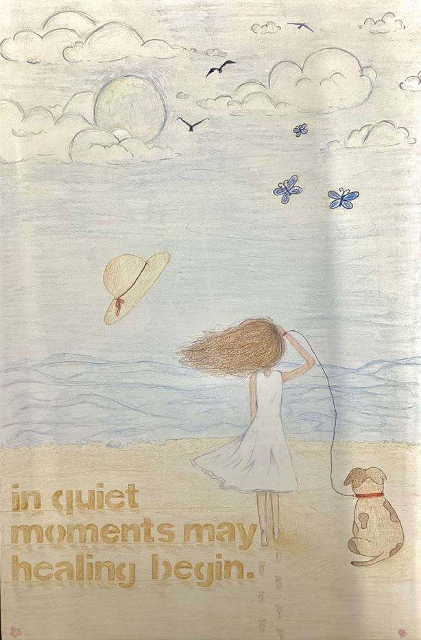 Art work by a Collegiate Academy student that shows a women on a beach and her dog next to her.