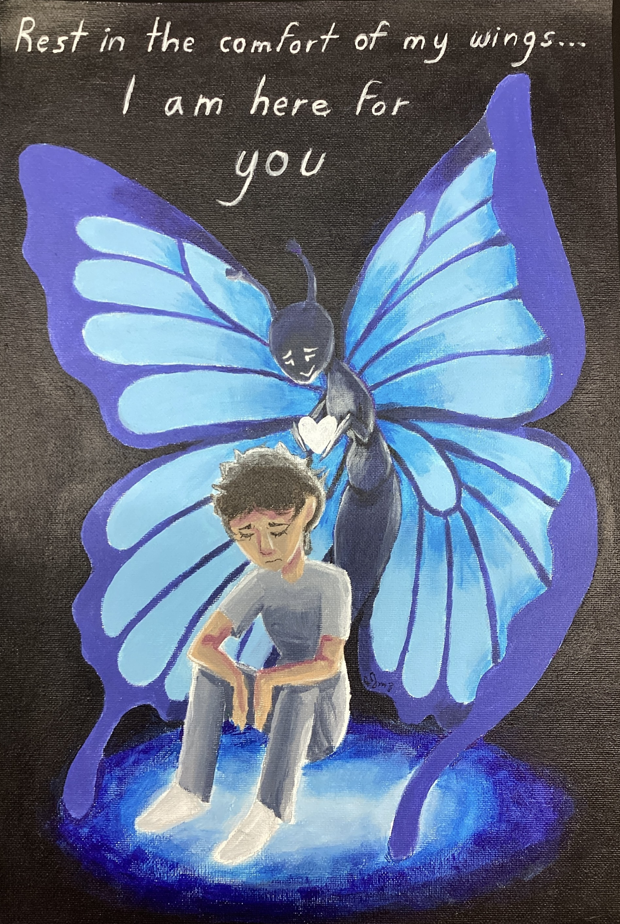 Art work by a Collegiate Academy student that shows a young boy sad with a blue butterfly behind him giving him a heart.