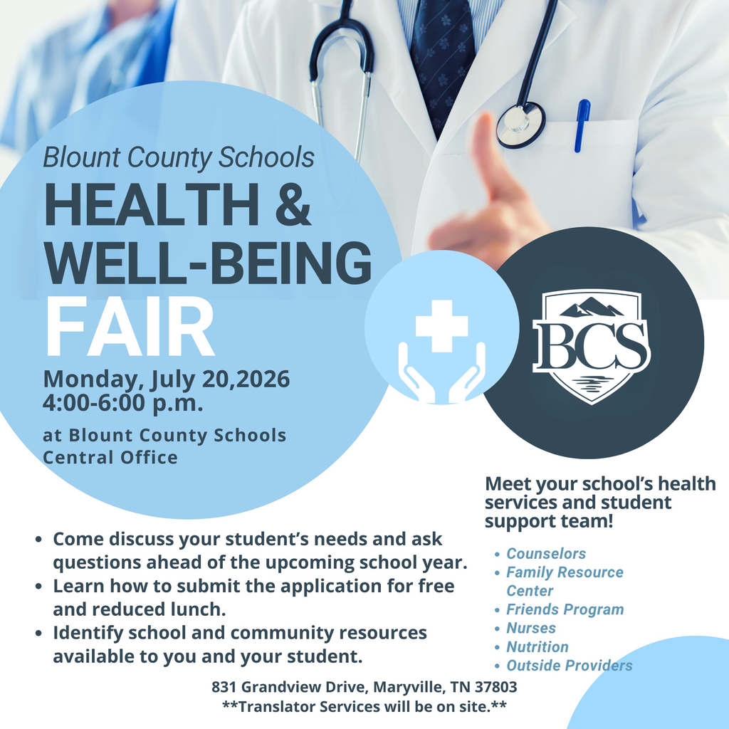 Your student’s well-being is our priority! 💙 Join us on July 20th for the BCS Health & Well-Being Fair.  What to expect: ✅ Meet school counselors, nurses, and the Friends Program. ✅ Identify local community resources. ✅ Get help with school meal applications. ✅ On-site translator services.  Swipe for details ➡️ and mark your calendars!  📍 831 Grandview Drive, Maryville ⏰ 4:00 - 6:00 PM  #BlountCountySchools #BlountCountyStrong #StudentSupport #HealthyStudents