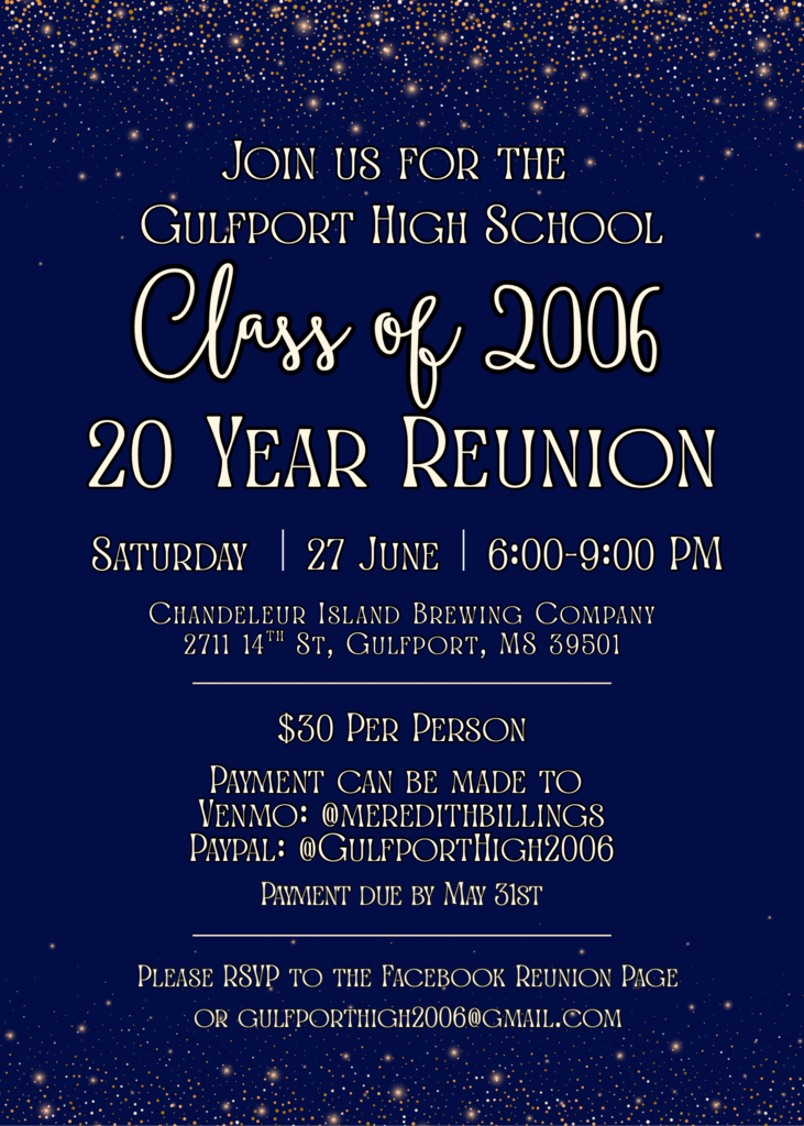 Gulfport High School Class of 2006 20th Reunion coming up June 27, 2026