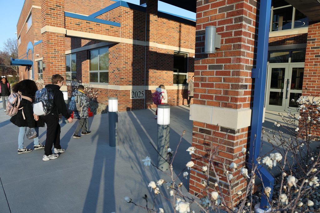 Students walking into the new Edison Elementary building. 