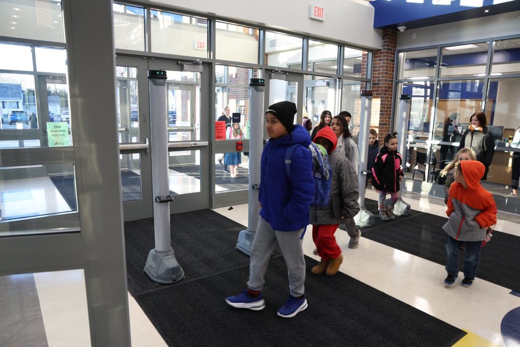 Students walking into the new Edison Elementary building. 