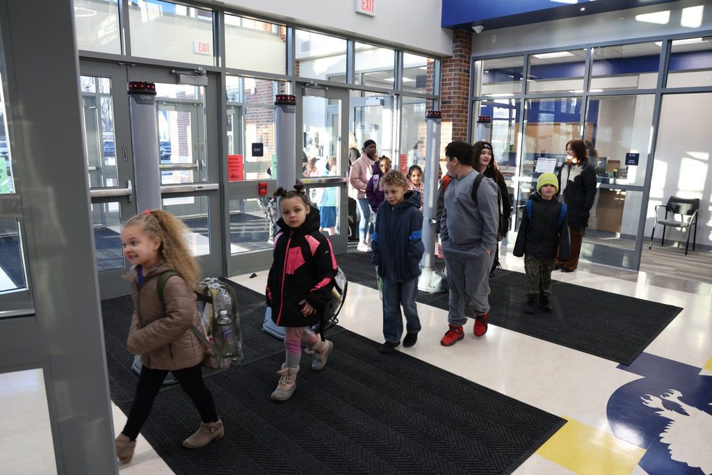 Students walking into the new Edison Elementary building. 