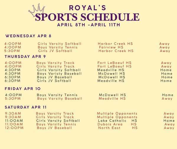 Royal's Sports Schedule for April 8th - April 11th.