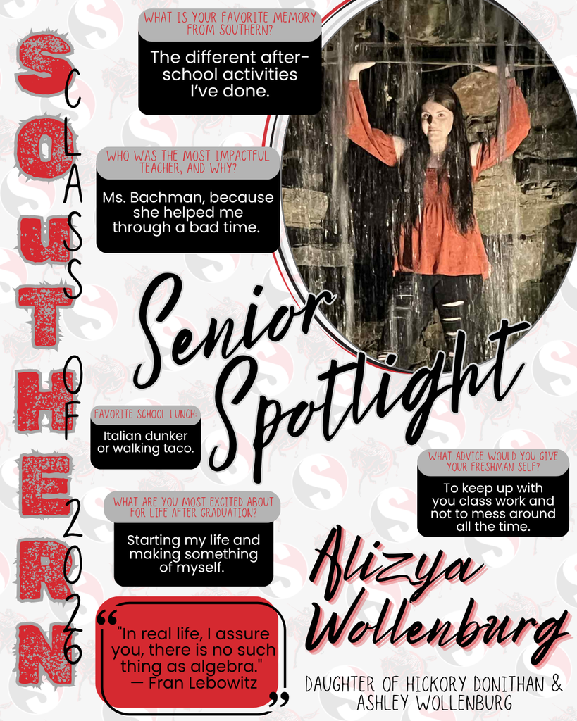 A senior spotlight graphic for Alizya Wollenburg featuring a portrait of her standing under a waterfall wearing an orange top and black pants. The design includes “Senior Spotlight Class of 2026” and highlights her responses about favorite memories, impactful teacher (Ms. Bachman), favorite lunch, future plans, and advice. A quote by Fran Lebowitz is also included.