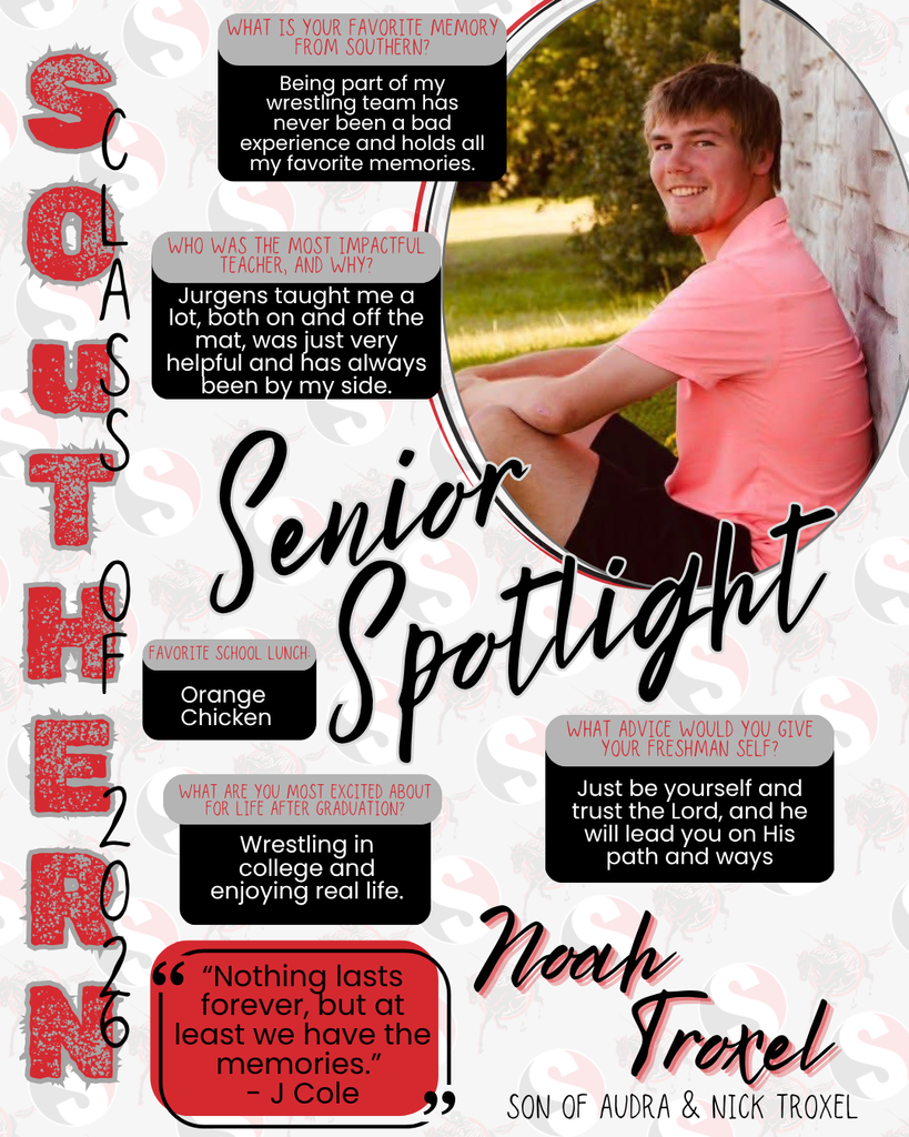 A senior spotlight graphic for Noah Troxel featuring a portrait of him sitting outdoors against a building, smiling while wearing a coral shirt and black shorts. The design includes “Senior Spotlight Class of 2026” and highlights his responses about wrestling memories, impactful teacher (Jurgens), favorite lunch, future plans, and advice. A quote by J. Cole is also included.