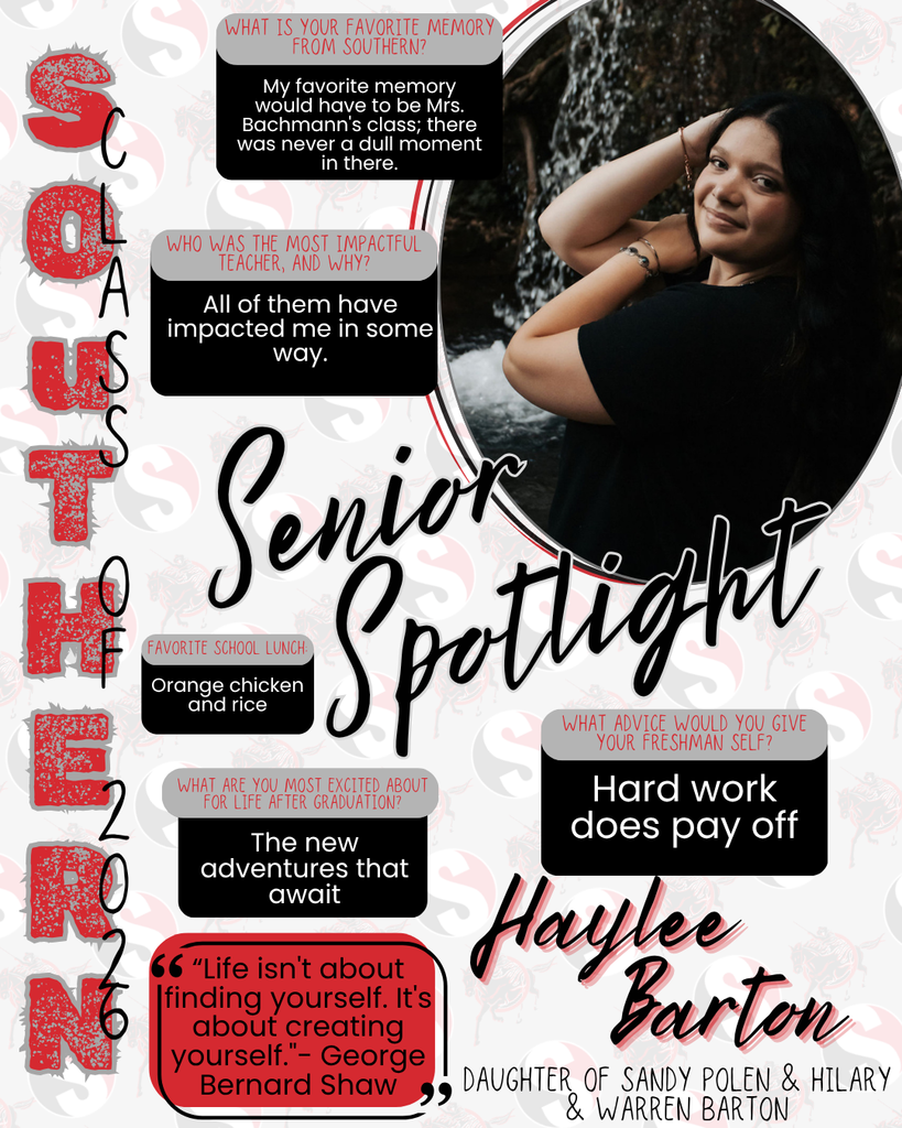 A senior spotlight graphic for Haylee Barton featuring a portrait of her smiling in front of a waterfall while wearing a black shirt. The design includes “Senior Spotlight Class of 2026” and highlights her responses about favorite memories (Mrs. Bachmann’s class), impactful teachers, favorite lunch, future plans, and advice. A quote by George Bernard Shaw is also included.