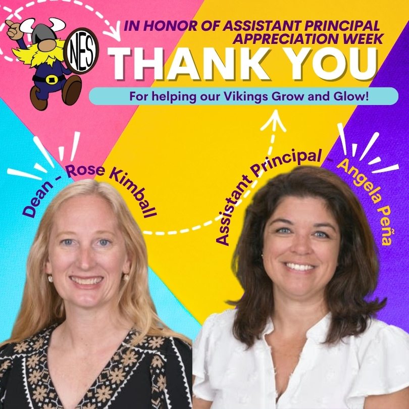 pink, purple, yellow, and teal background with school viking logo and photos of dean and vice principal