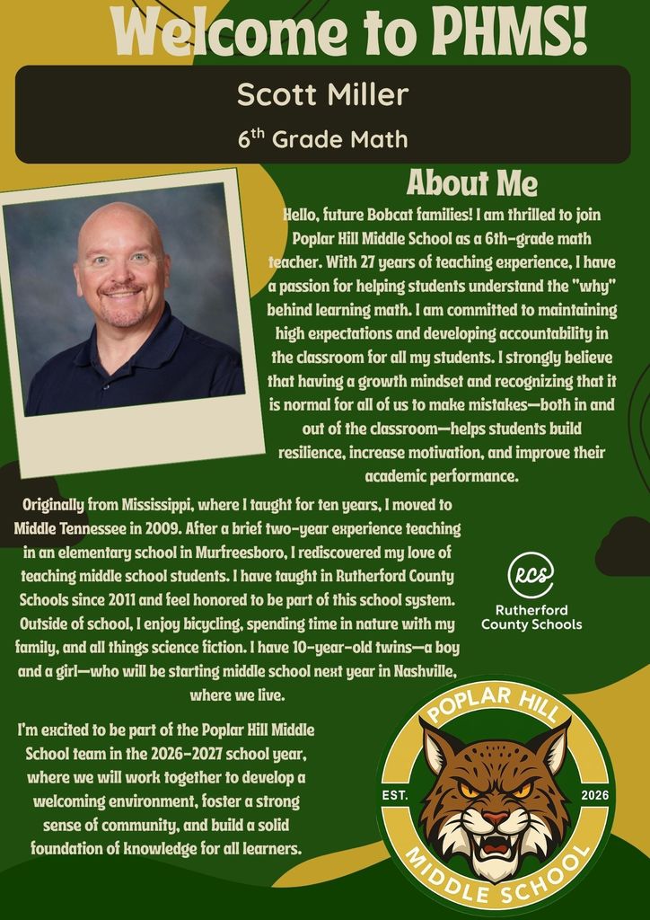 Scott Miller, 6th-grade math teacher, has 27 years of experience. Background includes teaching in Tennessee and North Carolina. Interests: biking, nature, family.