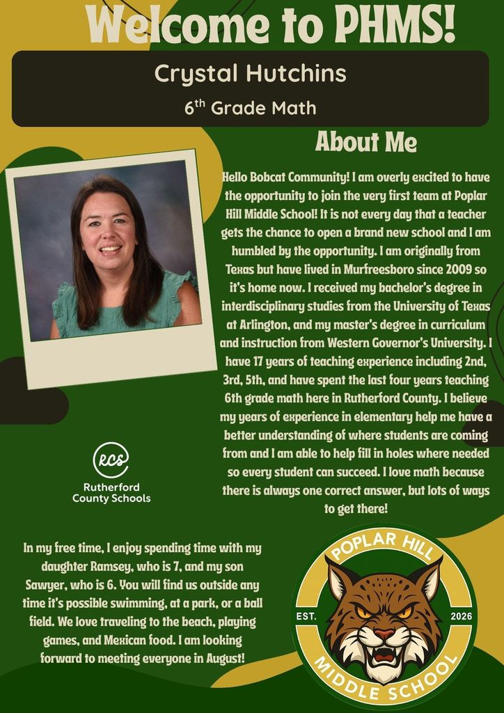 Poster with green and white background and a smiling woman named Crystal Hutchins. Text reads, "Welcome to PHMS!" and "Crystal Hutchins, 6th Grade Math."