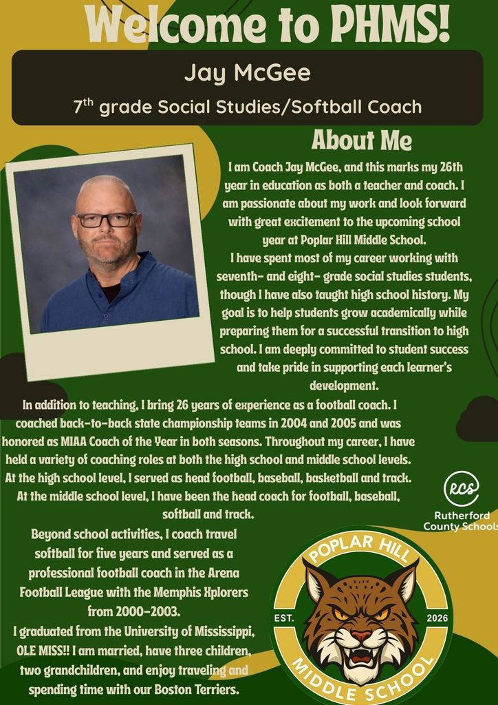 A colorful poster with text and a man's photo. The man wears glasses, a light blue shirt. The poster reads, "Welcome to PHMS!"