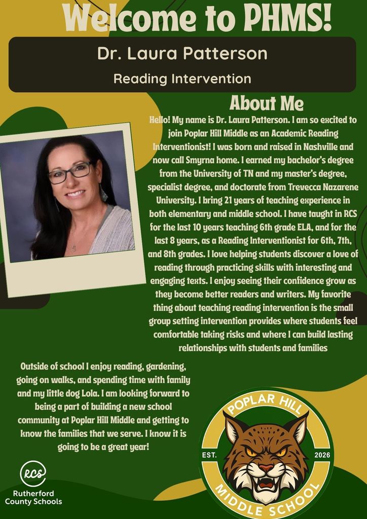 A poster featuring Dr. Laura Patterson, a reading interventionist, with a photograph and details about her background and experience.