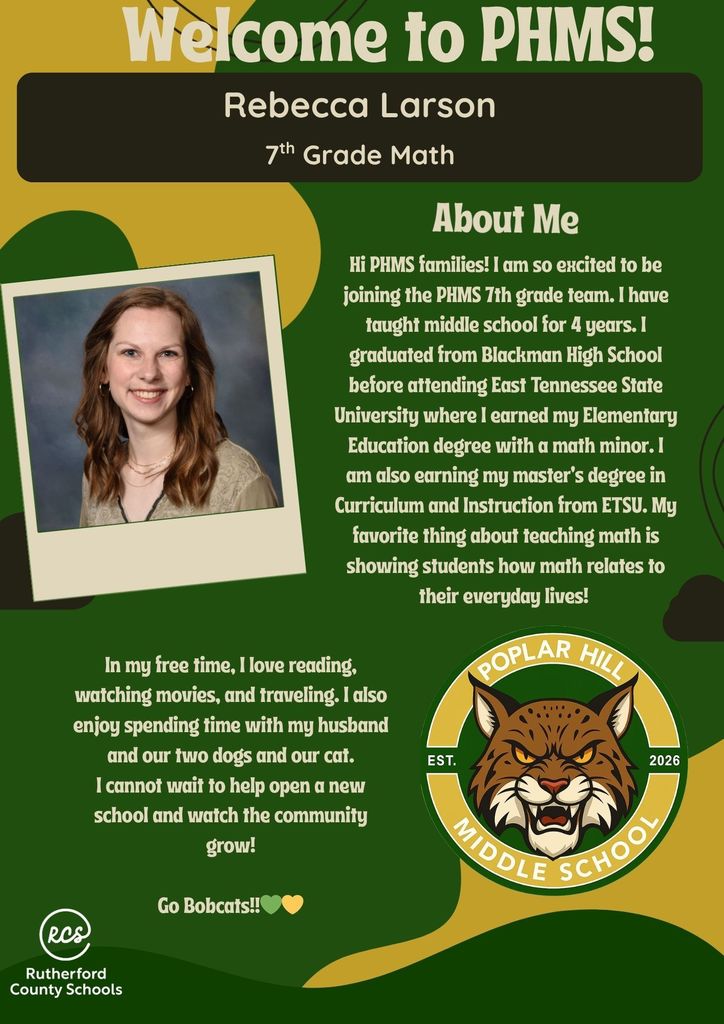 A green-themed poster introduces Rebecca Larson, a 7th-grade math teacher. Photo shows her smiling. Text highlights her background, including teaching experience.
