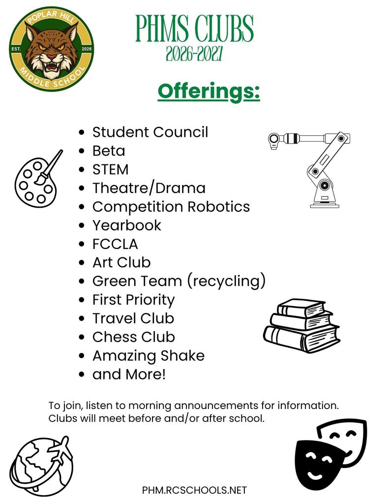 White page with a list of clubs and activities including Student Council, Beta, STEM, and more.
