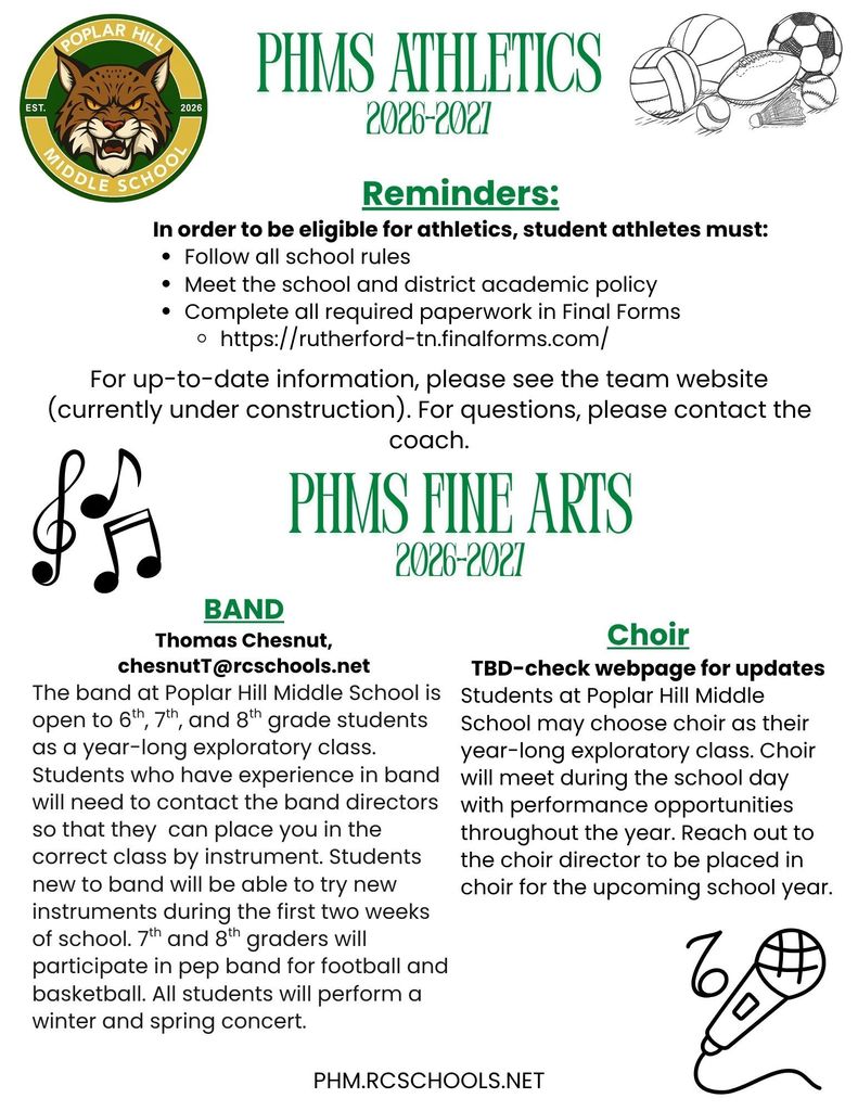 Document with "PHMS Athletics 2020-2021" and "PHMS Fine Arts 2020-2021" headers. Includes reminders for eligibility, updates, and details about band and choir programs.
