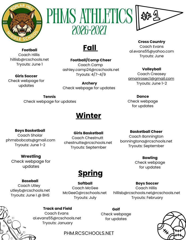 An athletics program schedule for a school year includes fall, winter, and spring sports. Sports include cross-country, football, girls soccer, volleyball, archery, tennis, dance, wrestling, and more.